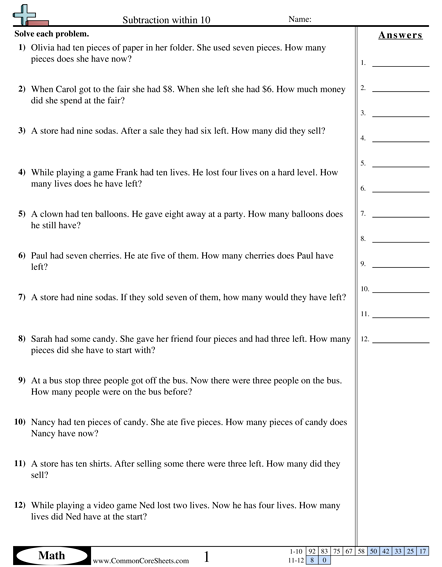 Subtraction Worksheets - Subtraction within 10 worksheet